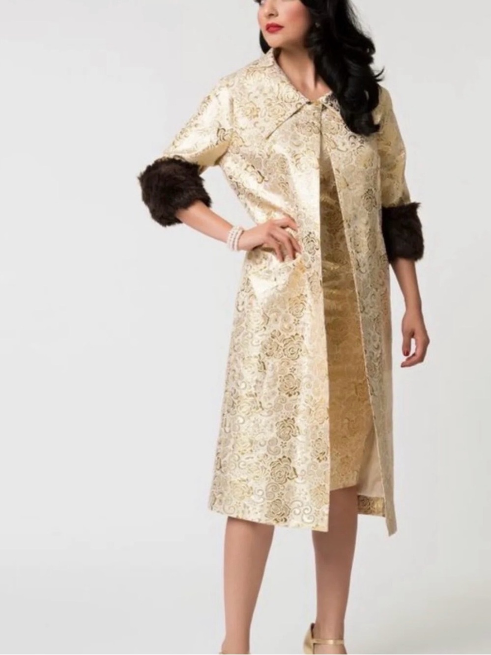 Unique Vintage Barbie Cream and Gold Brocade Coat with Brown Fur Trim